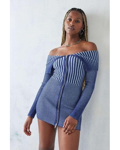 Urban Outfitters Uo Kai Plated Rib Off-the-shoulder Mini Dress - Blue