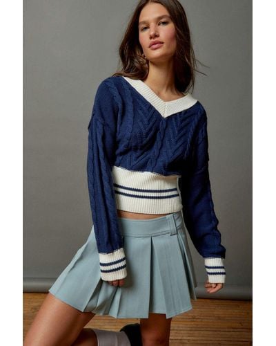 BDG Clarice Cable Knit V-neck Sweater In Navy,at Urban Outfitters - Blue