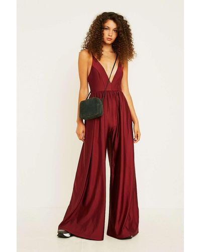 Urban Outfitters Uo Gia Plunging Shimmer Jumpsuit - Red
