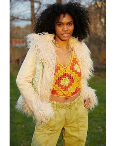 Urban Outfitters Uo Embroidered Y2k Faux Fur Trim Jacket - Natural
