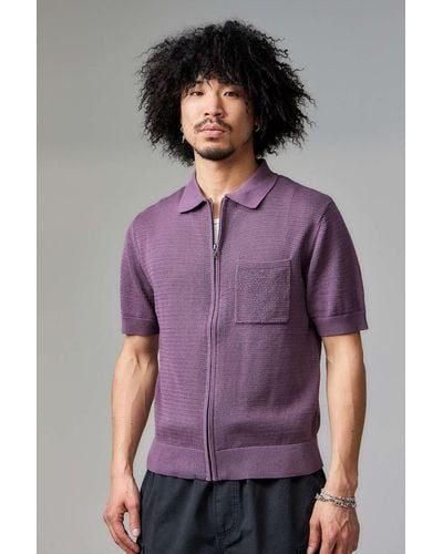 BDG Plum Mesh Zip-through Polo Shirt - Purple