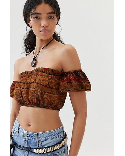 Urban Renewal Remade Overdyed Gauze Off-The-Shoulder Cropped Top - Brown