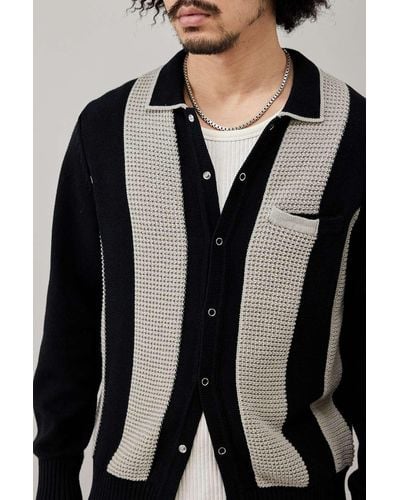 BDG Vertical Stripe Polo Cardigan - Black