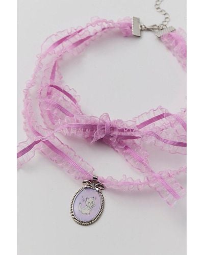 Urban Outfitters Kitty Ribbon Layered Necklace - Pink