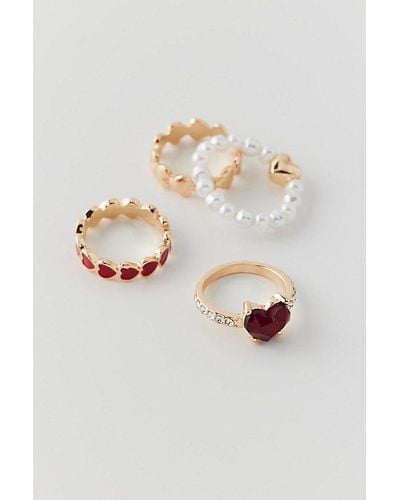 Urban Outfitters Sabrina Rhinestone & Pearl Heart Ring Set - White