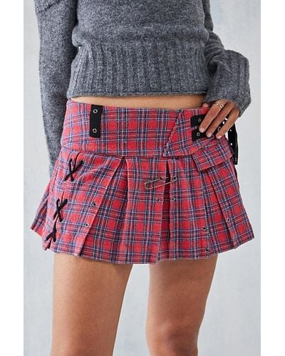 Urban Outfitters Uo Washed Tartan Mini Buckle Kilt Skirt - Red
