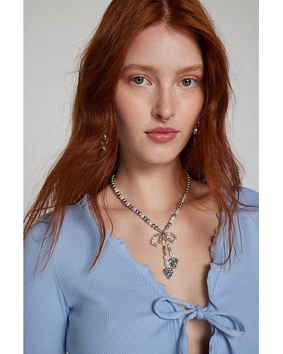 Urban Outfitters Coralie Pearl And Bead Bow Necklace - Blue