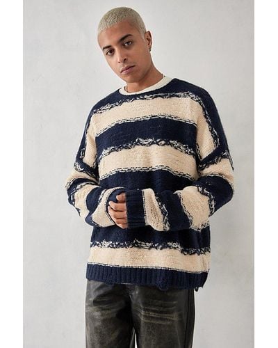 BDG Ecru Stripe Distressed Sweater - Blue