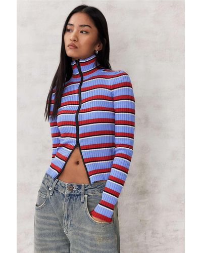 Daisy Street Striped Ribbed Track Top S At Urban Outfitters - Blue