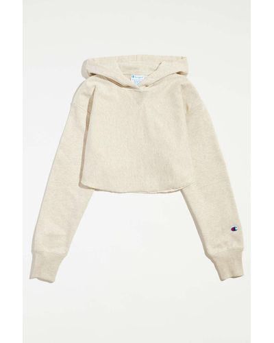 Champion Reverse Weave French Terry Cropped Hoodie Sweatshirt - Natural