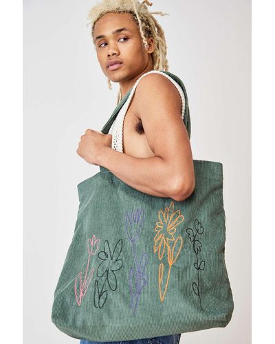 Urban Outfitters Uo Floral Doodle Corduroy Tote Bag - Green