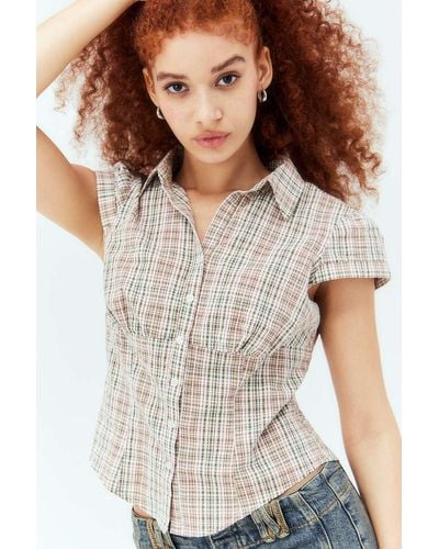 Urban Outfitters Uo Sophie Short-sleeved Gingham Shirt 2xs At - White