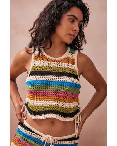 Daisy Street Striped Crochet Vest Jacket Xs At Urban Outfitters - Brown