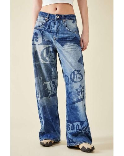 BDG Jaya Laser Print Mid-wash Baggy Jeans - Blue