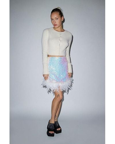 Glamorous Iridescent Sequin Feather Trim Mini Skirt - Grey