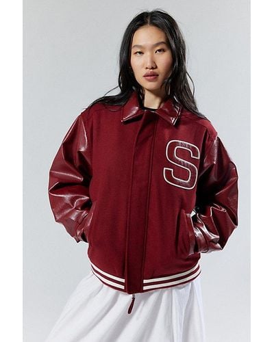 House Of Sunny Free Falling Faux Leather Varsity Jacket - Red