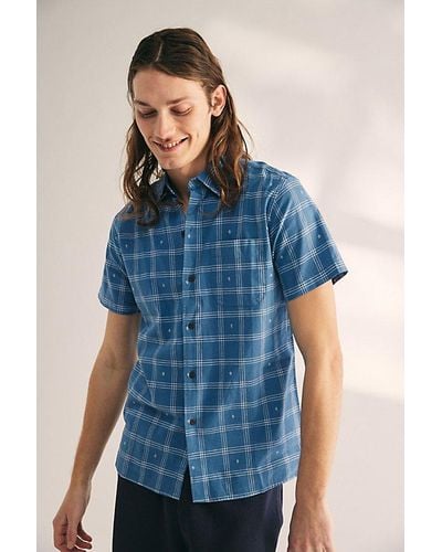 Katin Cruz Embroidered Plaid Short Sleeve Button-Down Shirt Top - Blue