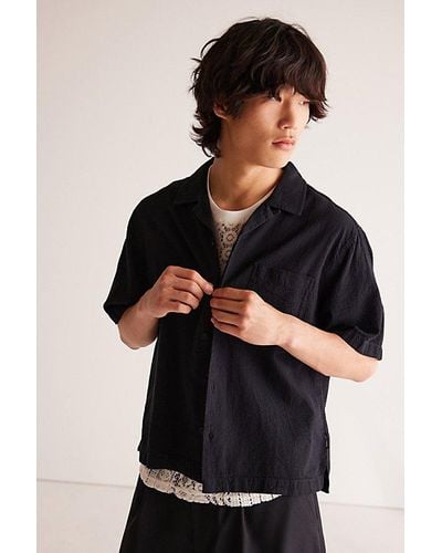 Standard Cloth Liam Seersucker Cropped Short Sleeve Shirt Top - Black