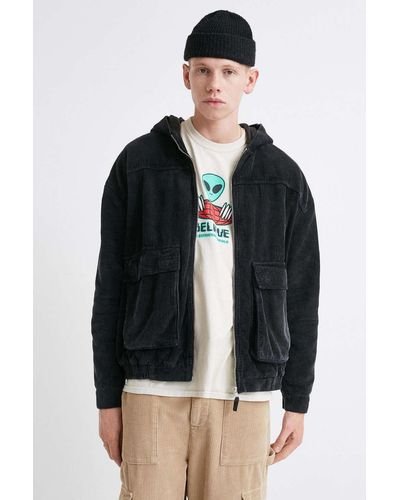 Urban Outfitters Uo Black Corduroy Zip-through Hooded Skate Jacket