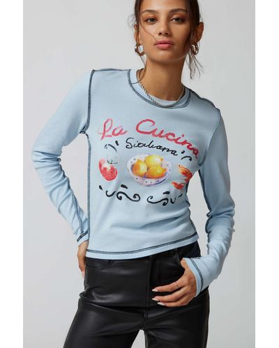 Urban Outfitters La Cucina Long Sleeve Baby Tee In Light Blue,at - Gray