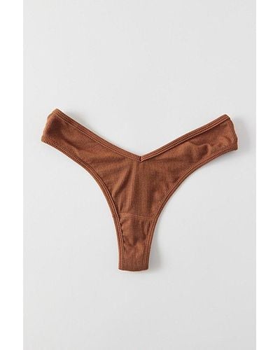 Out From Under Ribbed V Thong - Brown