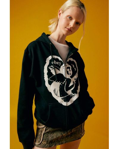 Obey Cherub '89 Full Zip Hoodie Sweatshirt In Black,at Urban Outfitters