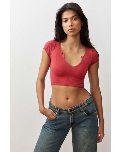 Out From Under Go For Gold Pointelle Notched Top - Red