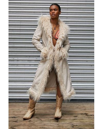 Urban Outfitters Uo Maxi Faux Fur Trim Coat - White
