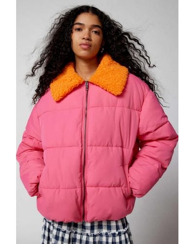 Urban Outfitters Uo Duckie Faux Shearling Collar Puffer Jacket In Pink,at