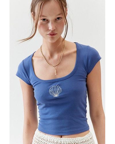 Urban Outfitters Embroidered Beachy Baby Tee - Blue