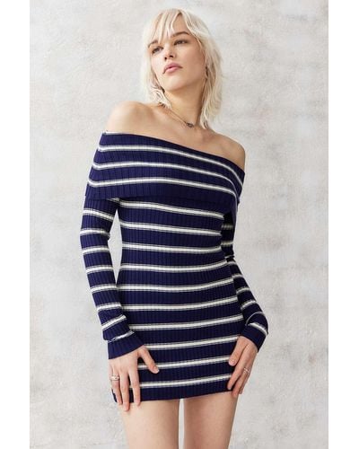 Urban Outfitters Uo Tori Striped Off-the-shoulder Knit Mini Dress - Blue