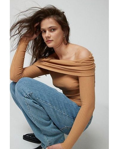 Urban Outfitters Uo Hailey Foldover Off-The-Shoulder Long Sleeve Top - Blue