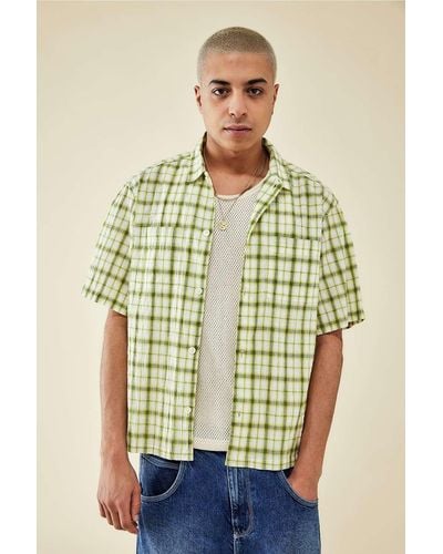 BDG Plissé Green Check Shirt S At Urban Outfitters - Natural