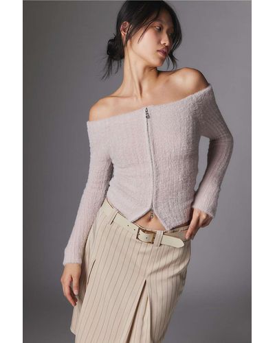 Silence + Noise Silence + Noise Off-the-shoulder Fluffy Knit Cardigan - Grey