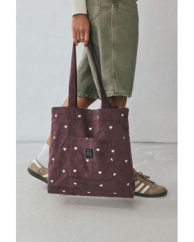 Urban Outfitters Uo Heart Embroidered Pocket Tote Bag 13cm X H: 36cm X W: 33cm At - Brown
