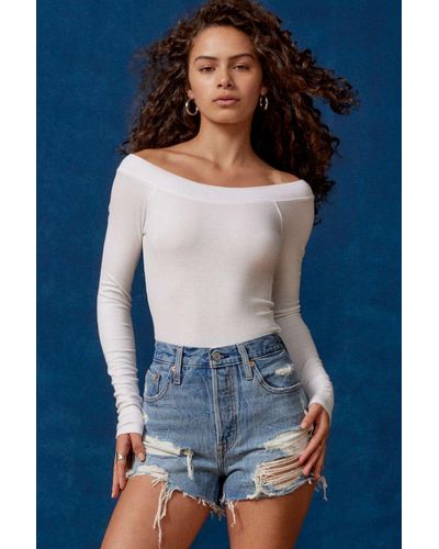 BDG Emma Long Sleeve Off-the-shoulder Tee In White,at Urban Outfitters - Blue