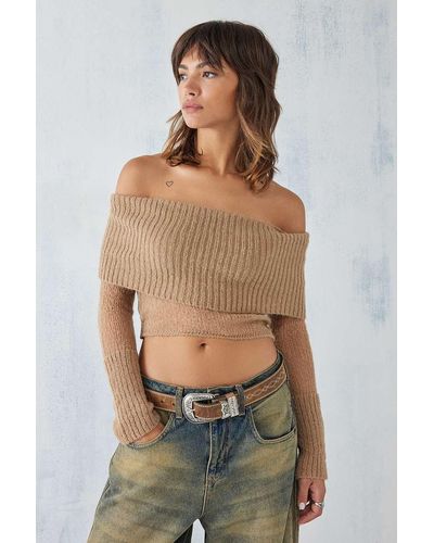 Urban Outfitters Uo Sophia Sheer Off-the-shoulder Knitted Top - Brown