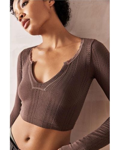 Urban Outfitters Uo Go For Gold Pointelle Notched Long-sleeved Crop Top - Brown