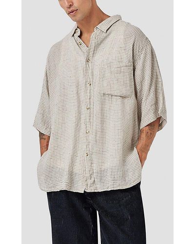Barney Cools Linen Plaid Short Sleeve Shirt Top - Natural