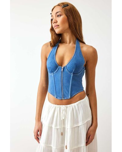 Out From Under Denim Halterneck Corset - Blue