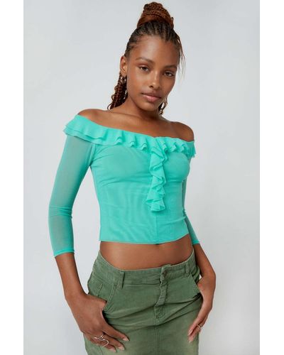 Urban Outfitters Uo Rachel Mesh Ruffle Top In Mint,at - Green