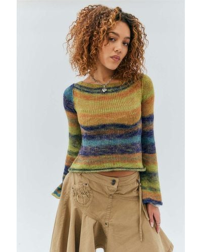 Urban Outfitters Uo Space-dye Fluted Sleeve Ribbed Knit Top - Green