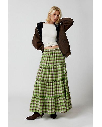 Urban Renewal Remnants Flannel Tiered Maxi Skirt - Green