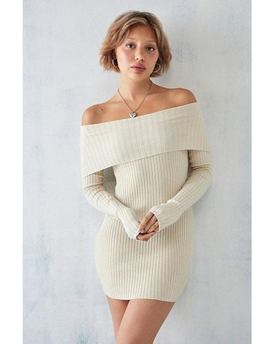 Urban Outfitters Uo Tori Off-The-Shoulder Knit Mini Dress - Natural