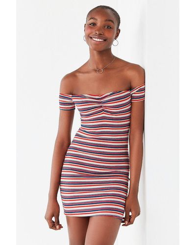 Urban Outfitters Uo Off-the-shoulder Striped Bodycon Dress - Blue
