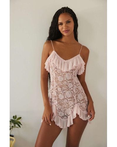 Out From Under Rouge Sheer Lace Mini Dress In Pink,at Urban Outfitters - Brown