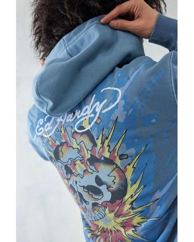 Ed Hardy Uo Exclusive Exploding Skull Zip-through Hoodie - Blue