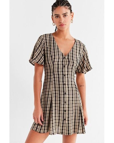 Urban Outfitters Uo Plaid Button-down Lace-up Mini Dress - Black