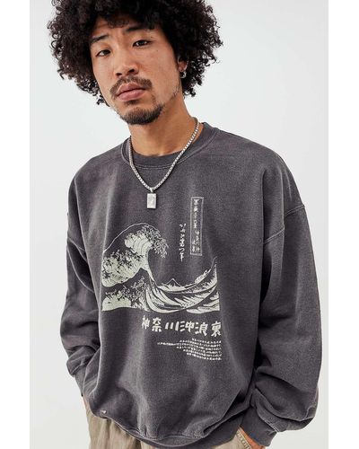 Urban Outfitters Uo Overdyed Hokusai Kanagawa Wave Sweatshirt - Grey