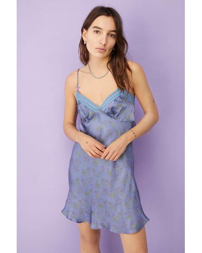 Urban Outfitters Uo Nellie Satin Floral Print Slip Dress - Blue